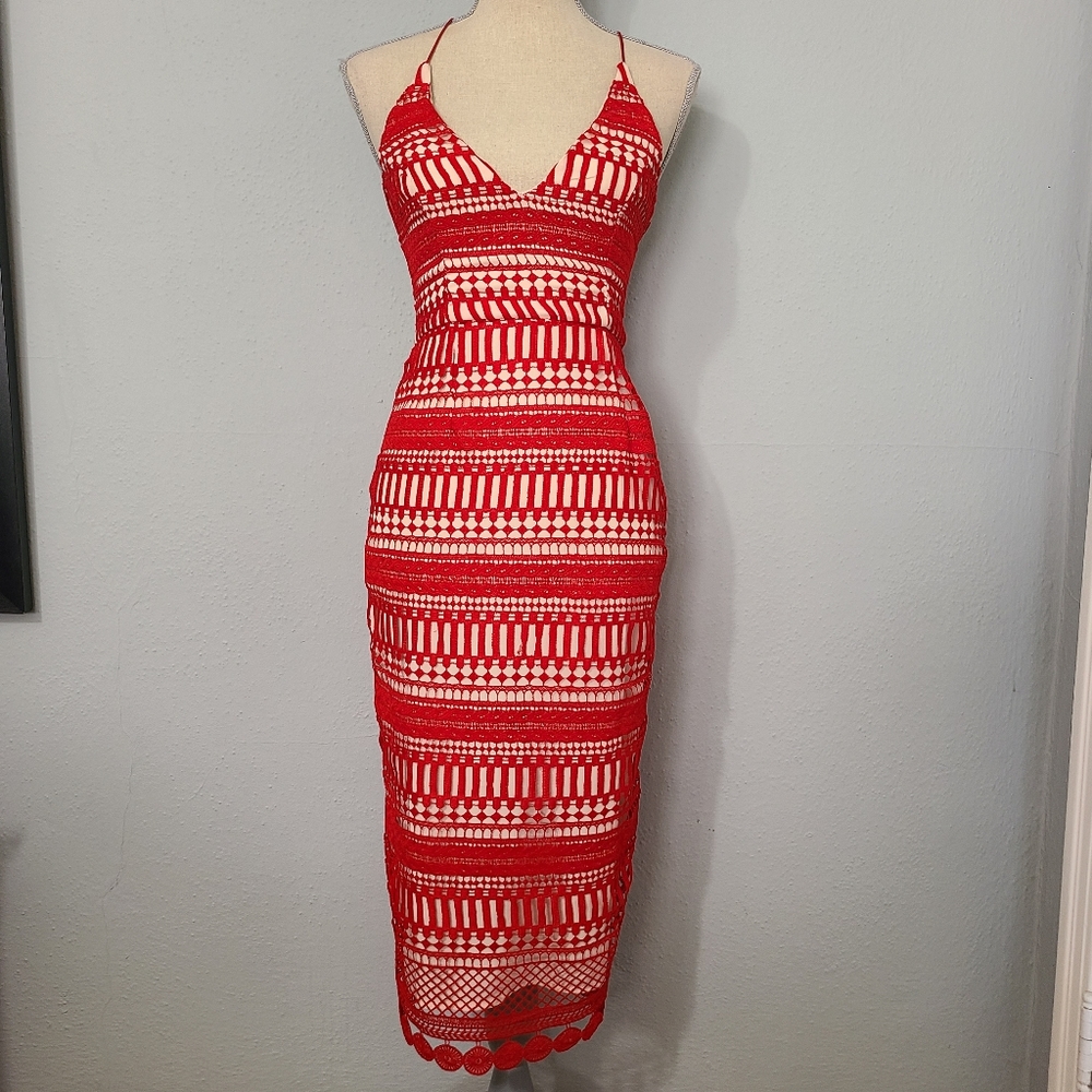 ASOS Midi Red Crochet Spaghetti Strap Dress Size 2